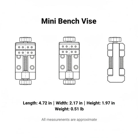 This Mini Aluminum Alloy Bench Vise Is A Compact Clamp Perfect For Jewelry Making And Precision Crafts, showing detailed dimensions.