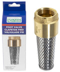 1 Inch Brass Foot Valve No Lead Heavy Duty Workhorse Backflow Preventer With Female Connection next to its packaging