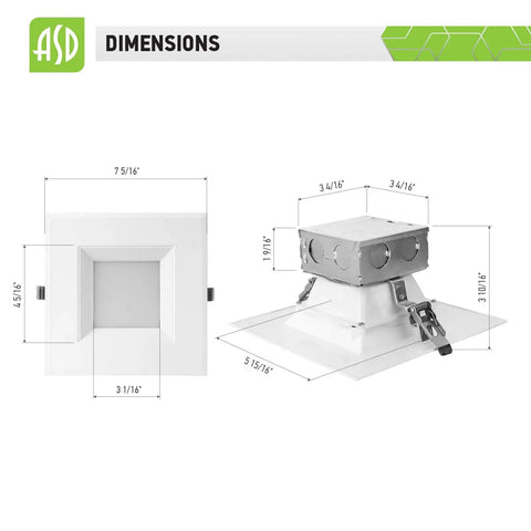 Diagram showing dimensions of 12 Pack 6 Inch LED Square Recessed Lights with integrated junction box and baffle trim.