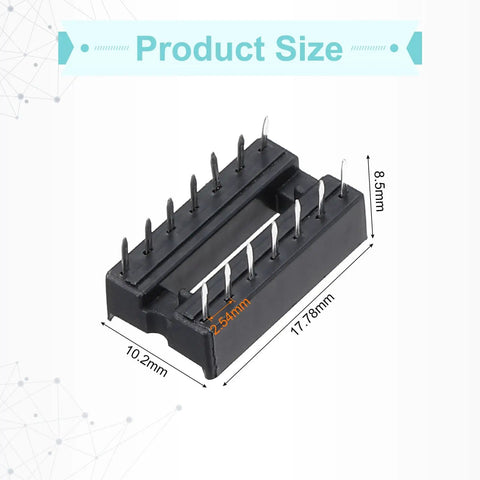Image showing 14 Pin DIP IC Socket Adapter Kit 80Pcs, 2.54mm Pitch, dimensions 17.78x10.2x8.5mm for breadboard projects and PCB design.