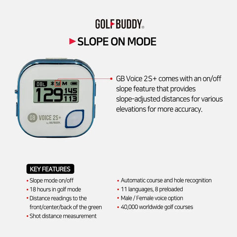 Voice 2S Plus Talking Golf GPS Rangefinder showing slope mode, distance readings, and key features on screen, blue color