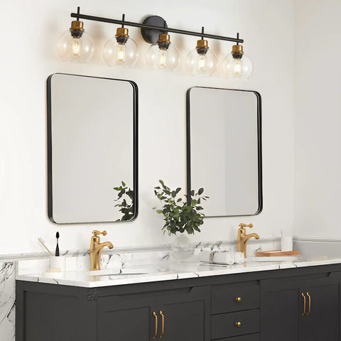 Black Gold Vanity Light Fixtures With Glass Shade 5 Light Wall Sconces Over Mirror Modern Glam Bathroom Lighting