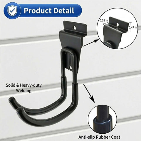 Close-up of U-shaped large hook from Heavy Duty Garage Slatwall Hooks Set 20 Piece Multi Size Hook Assortment, black, anti-slip rubber.