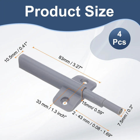 Magnetic Push Latches Set For Cabinets And Drawers showing size dimensions, gray finish, 83mm length, 7.5mm pin, 4 pieces included.