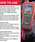 Automotive Digital Multimeter With 80 Amp Fuse Test displayed on vehicle engine showing guided steps for AC/DC voltage testing.