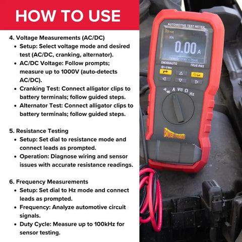 Automotive Digital Multimeter With 80 Amp Fuse Test displayed on vehicle engine showing guided steps for AC/DC voltage testing.