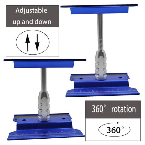 All In One RC Car Repair Stand Kit with 360 Degree Rotation showing height adjustability and rotation feature in blue metal