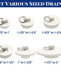 Heavy Duty Six Piece Rubber Drain Stopper Set For Bathroom Sink And Bathtub With Clearly Labeled Sizes And No Sweat Quick Swap White Zero Leak Bath Accessory, showing various sized stoppers.