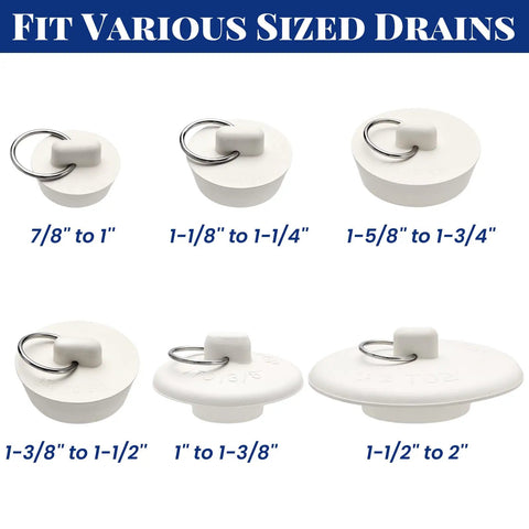 Heavy Duty Six Piece Rubber Drain Stopper Set For Bathroom Sink And Bathtub With Clearly Labeled Sizes And No Sweat Quick Swap White Zero Leak Bath Accessory, showing various sized stoppers.