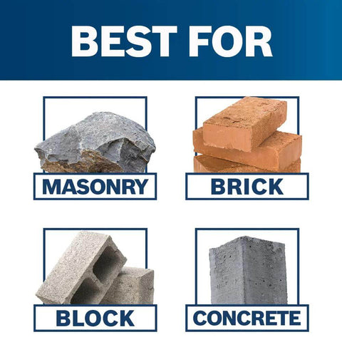 Bosch HCK001 7 pc. SDS-Plus Bulldog rotary hammer bit set; graphic shows best for masonry, brick, block, and concrete.