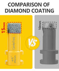 Diamond tile hole saw kit by Amazon; front view shows yellow 15mm bit and gray 10mm bit with diamond coating.