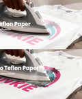Comparison of Teflon paper effect on transfer: top with Go To Nonstick Teflon Paper For Heat Press Pro Grade, bottom without paper.