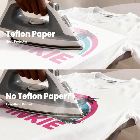 Comparison of Teflon paper effect on transfer: top with Go To Nonstick Teflon Paper For Heat Press Pro Grade, bottom without paper.