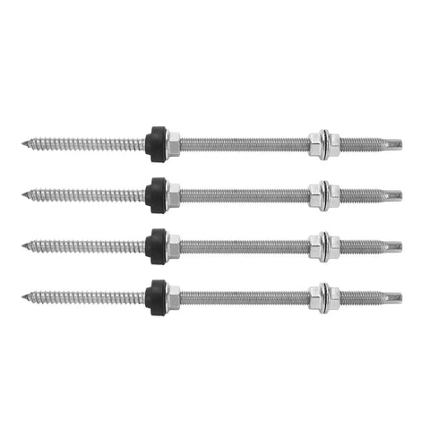 Built Tough Stainless Steel Double Ended Bolts For Solar Panel Arrays Rock Solid PV Rack Hardware And Locking Fasteners No Sweat Install Four Piece Kit, showing four stainless steel bolts with rubber washers.