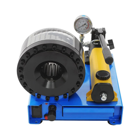 Heavy Duty Hydraulic Hose Crimping Tool Kit With Eight Precision Dies Manual Handheld High Pressure Crimper Machine For Automotive Repairs view from above showing black crimping head and pressure gauge.