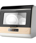 No Fuss Countertop Portable Dishwasher With Five Smart Wash Cycles And Turbo High Temp Sanitizing Featuring 360 Spin Spray To Crush Stubborn Grease And Quick Produce Washing Daily, front view showing plates inside.