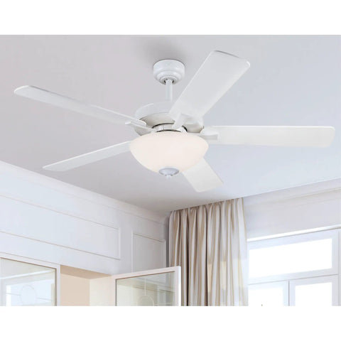 Classic 52 Inch LED Ceiling Fan With Light Kit, Crisp White Finish, Frosted Glass, Reversible White And Maple Blades, Indoor Downrod Mount