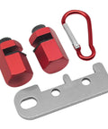 Dead Nuts Accurate Stair Gauge And Framing Square Stop Bracket With Hex Thumb Screw Adjustment For Smooth Lumber Marking And Tough Aluminum Workshop Gear, includes two red aluminum brackets, silver metal part, and carabiner.