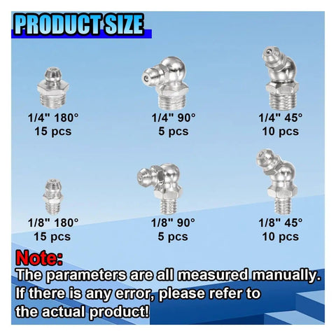 60 Piece SAE Grease Fittings Kit With Galvanized Zerk Fittings Assortment Includes Straight 45 Degree And 90 Degree Angles For Quarter Inch And Eighth Inch Systems Ideal For Auto Shop Gearheads On Automotive Industrial Machinery Tractors Lawn Mowers product size chart with fittings dimensions.