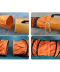 Flexible PVC Duct Hose For Your HVAC Setup Flame Retardant Hard Wearing Beefy Heavy Duty Ventilation Ducting With Adjustable Rope And D Ring Easy Storage And Flexible Inside Wall 16 Inches By 16 Feet, shown in multiple angles with orange hose and black trim