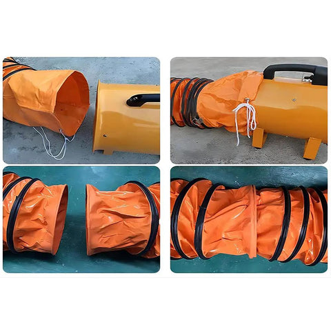 Flexible PVC Duct Hose For Your HVAC Setup Flame Retardant Hard Wearing Beefy Heavy Duty Ventilation Ducting With Adjustable Rope And D Ring Easy Storage And Flexible Inside Wall 16 Inches By 16 Feet, shown in multiple angles with orange hose and black trim
