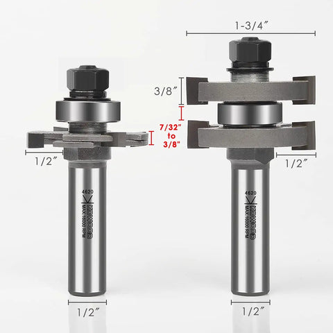 Adjustable Tongue And Groove Router Bit Set With One Half Inch Shank For Boss Level Wood Milling showing measurement details