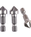 Three Pack Countersink Drill Bits With Six Flute Design And One Fourth Inch Hex Shank For Woodworking Burr Removal Hole Shaping And Trimming Plus A Ninety Degree Center Punch Set