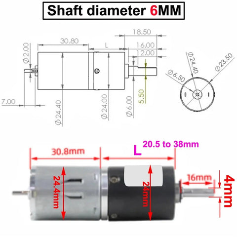 Power Up Your Projects With This Sleek Dc Low Speed Micro Planetary Gear Motor showing dimensions and details of a 6mm shaft diameter.