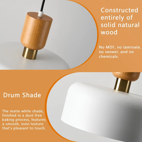 Modern Pendant Light With Natural Wood And Brass Accent, 12-Inch White Matte Shade Detail, Top View with Wood and Brass Fitting