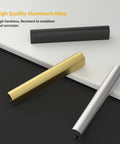 High quality aluminum alloy handles in gold, silver, and black finishes on a white surface