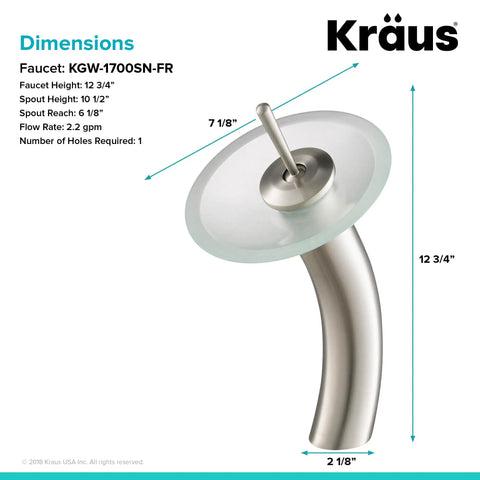 Tall Waterfall Vessel Sink Faucet In Oil Rubbed Bronze With Frosted Glass Disk Ultra Sleek Boss Look For Your Bathroom Premium Metal Build Smooth Water Flow Easy Install showing dimensions
