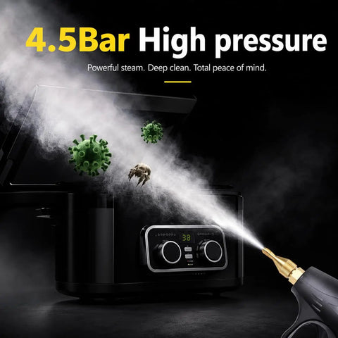 Piudoiliy 3200W High Pressure Commercial Steam Cleaner showing steam release at 4.5 Bar pressure, targeting dirt and germs.
