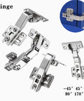 45 to 90 Degree Hydraulic Damper Hinge for Cabinets and Wardrobes Soft Close Corner Door Hardware shown at various angles