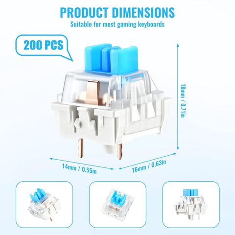 Blue 3-Pin Mechanical Keyboard Switches 200 Pack With Dustproof Housing, Clicky Tactile Feel, 50 Million Click Life, Replacement Keys For Gaming Keyboards, Ideal For 3D Printing Projects And Fidget Builds, 18mm