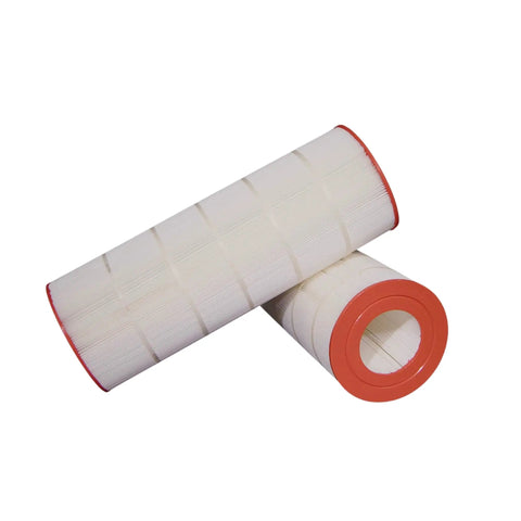 Pleat Filter Cartridge Media PF27000 Series For 200 Sq Ft Pool Filtration, High Flow Up To 150 GPM, Deep Clean Replacement Filter Media For Residential And Public Pools, Great For DIY Pool Pros. White pleated pool filter cartridge with red ends