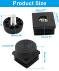 12 Pack Black Square Tube Insert Kits With Adjustable Feet For 1x1 Inch OD Square Pipe, showing dimensions and components