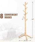 Wooden Coat Rack Stand With Eight Hooks Made From New Zealand Pine shown with dimensions 69" height