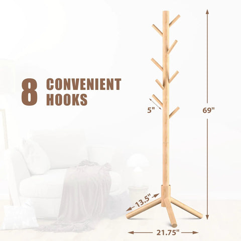 Wooden Coat Rack Stand With Eight Hooks Made From New Zealand Pine shown with dimensions 69" height