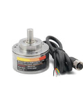 Rugged Waterproof Absolute Single Turn Rotary Encoder Built To Take A Beating With Analog Magnetic 10mm Shaft For Precise Angle Speed And Position Measurement Includes Only Encoder Bracket And RS232 Modbus RTU Ready, shown front view with cable attached.