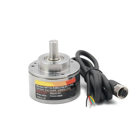 Rugged Waterproof Absolute Single Turn Rotary Encoder Built To Take A Beating With Analog Magnetic 10mm Shaft For Precise Angle Speed And Position Measurement Includes Only Encoder Bracket And RS232 Modbus RTU Ready, shown front view with cable attached.