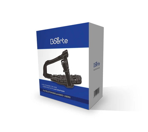 Box packaging for Toe Cage Adapters For Look Delta Pedals On Peloton Bikes featuring secure cage and strap illustration.