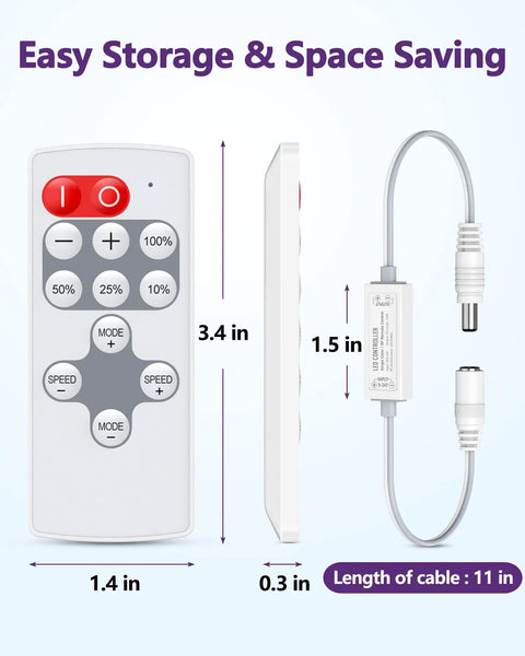 Mini RF Remote Controller For Single Color LED Strip Lights 5 To 24V 12 Key Wireless Dimmer size and cable length display