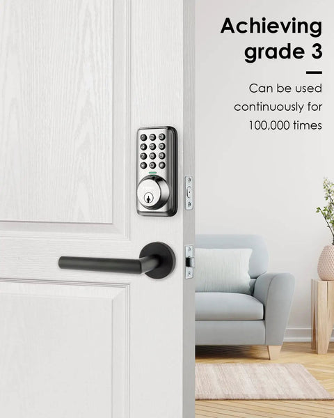 Keypad Door Lock With 20 Access Codes And One Time Use Code For Easy No Fuss Keyless Entry Auto Locking shown on a white door