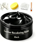 No Brainer Black Leather Recoloring Balm Kit, black balm, sponge, gloves, brush, and cloth for quick touch ups.