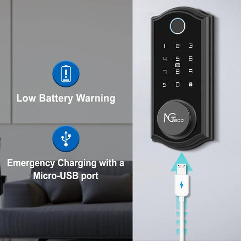 Smart Deadbolt With Bluetooth And Biometric Fingerprint Keypad For Fast No Keys Needed Entry, App Control For Home Or Apartment showing charging port on black device.