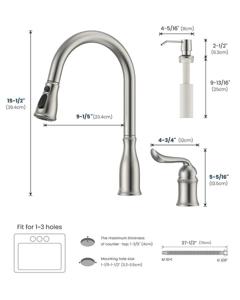 Dimensions and details of Three Hole Pull Down Kitchen Faucet With Sprayer In Brushed Nickel Stainless Steel Finish Two Hole Pull Out Kitchen Sink Faucet With Side Single Handle And Soap Dispenser Easy One Hand Operation APS218BN.