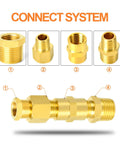 Ten Piece Brass Hex Bushing Reducer 1/2 Inch NPT Male To 1/4 Inch NPT Female Pipe Fitting set with four connectors