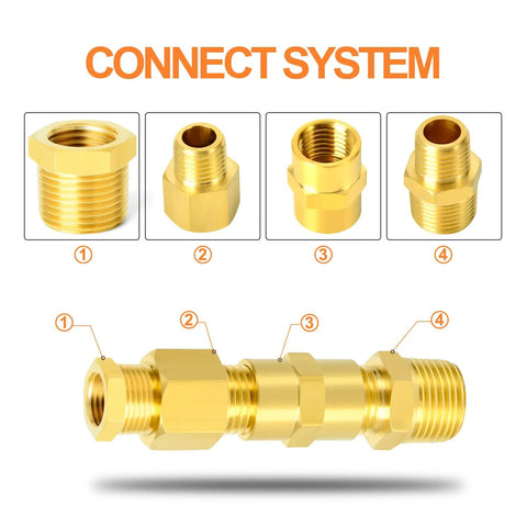 Ten Piece Brass Hex Bushing Reducer 1/2 Inch NPT Male To 1/4 Inch NPT Female Pipe Fitting set with four connectors