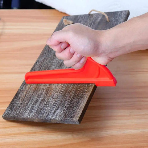 Hand using red push stick on wood, part of 4Pcs Safety Push Sticks for Woodworking, V Type and Straight Push Sticks Set for Table Saw, Router