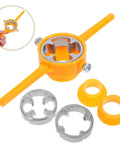 Get This Killer Gririw Pvc Thread Maker Tool Set For Plumbing Jobs Reusable Plastic And Stainless Steel Round Pipe Threader Kit With Tight Fit Sure Thing Durable Manual Hand Tool Multiuse Design Installation Removal featuring yellow PVC manual pipe threader with stainless steel inserts and threading accessories.